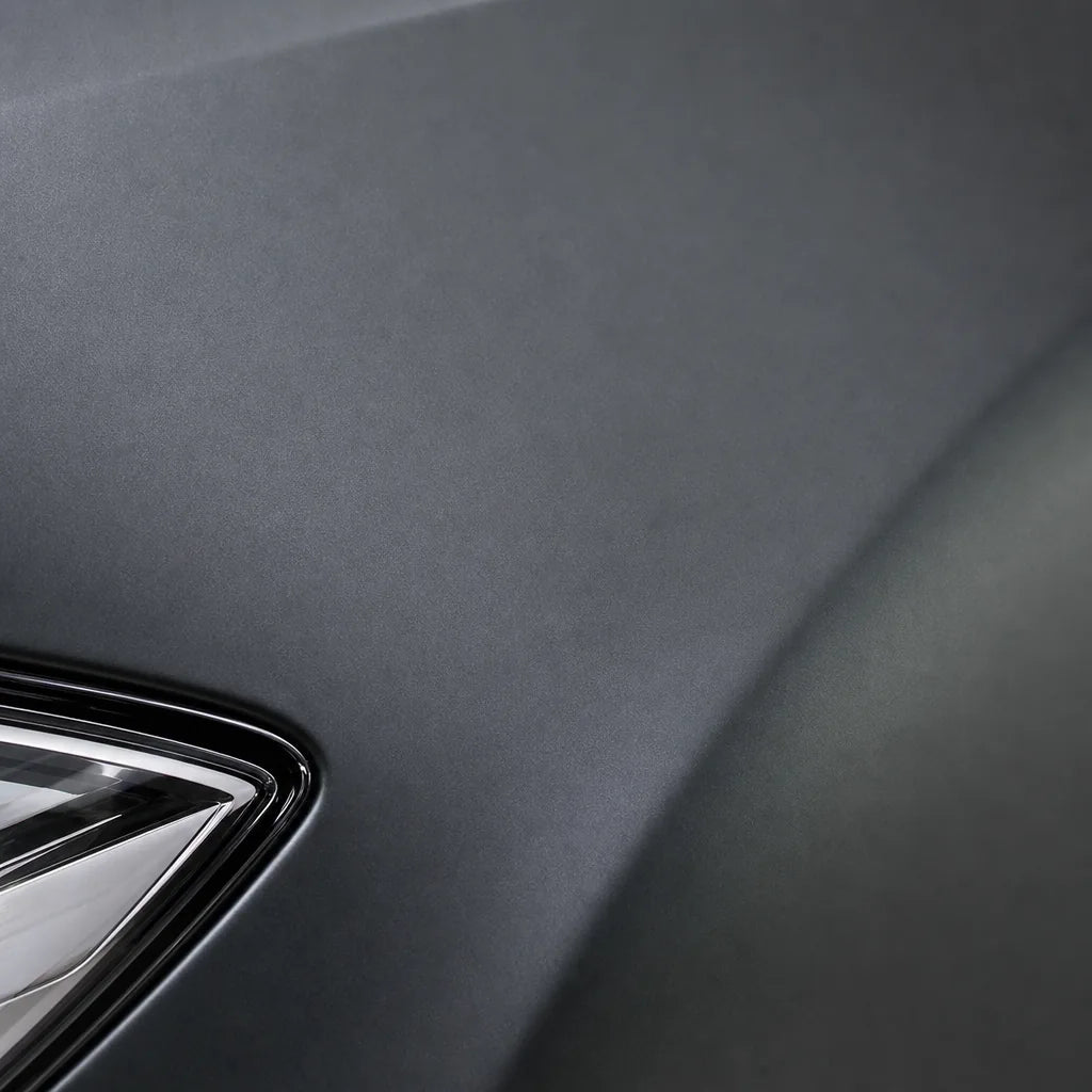 Close-up of Metallic Destroyer Grey matte colored PPF surface texture | Veloro