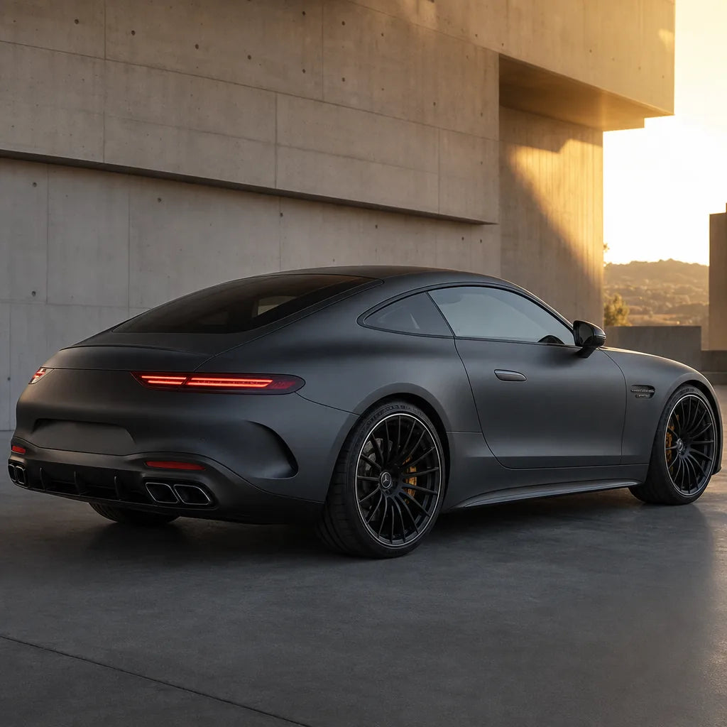 Luxury car wrapped in Metallic Destroyer Grey matte colored PPF at golden hour | Veloro