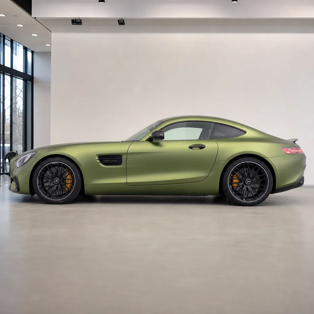 Metallic Green Tea matte colored PPF wrapped on a Mercedes-AMG GT side profile | Veloro
