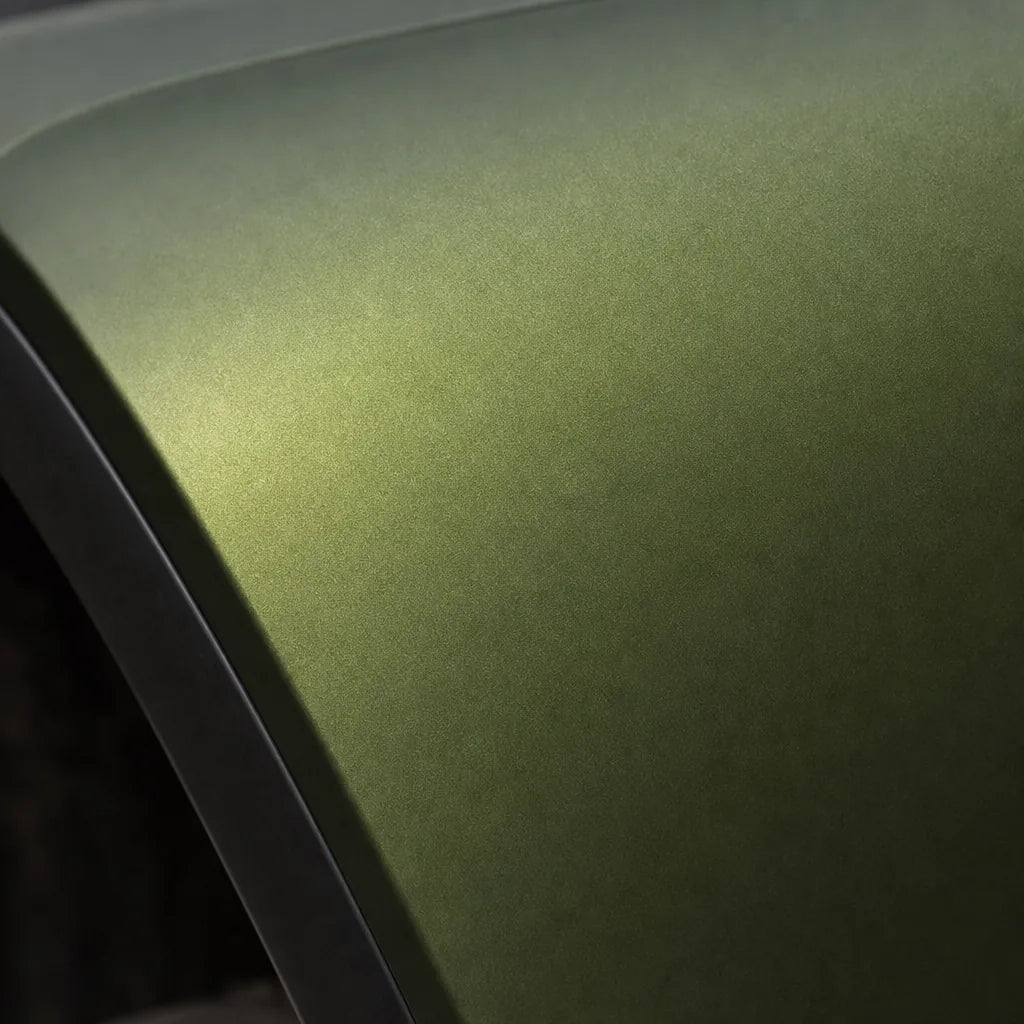 Close-up of Metallic Green Tea matte colored PPF surface texture | Veloro