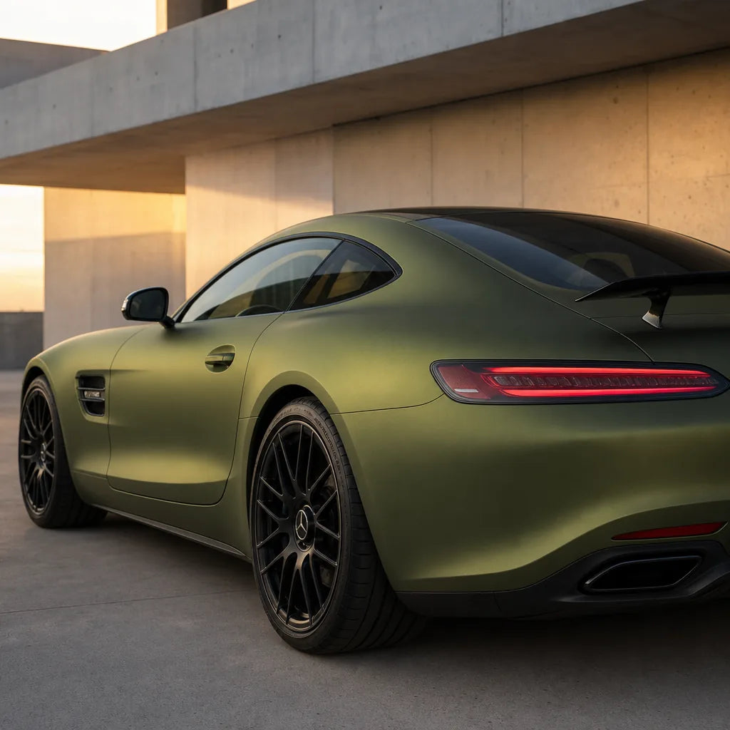 Luxury car wrapped in Metallic Green Tea matte colored PPF at golden hour | Veloro
