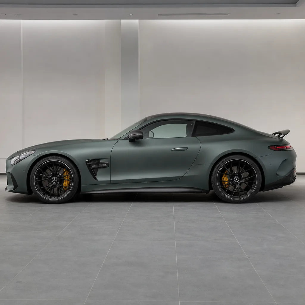 Metallic Satin Mystical Green matte colored PPF wrapped on a Mercedes-AMG GT side profile | Veloro