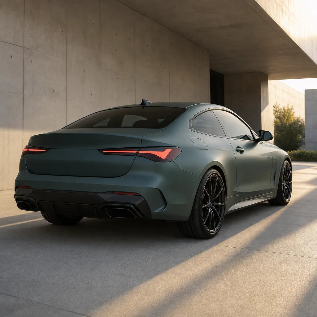 Luxury car wrapped in Metallic Satin Mystical Green matte colored PPF at golden hour | Veloro