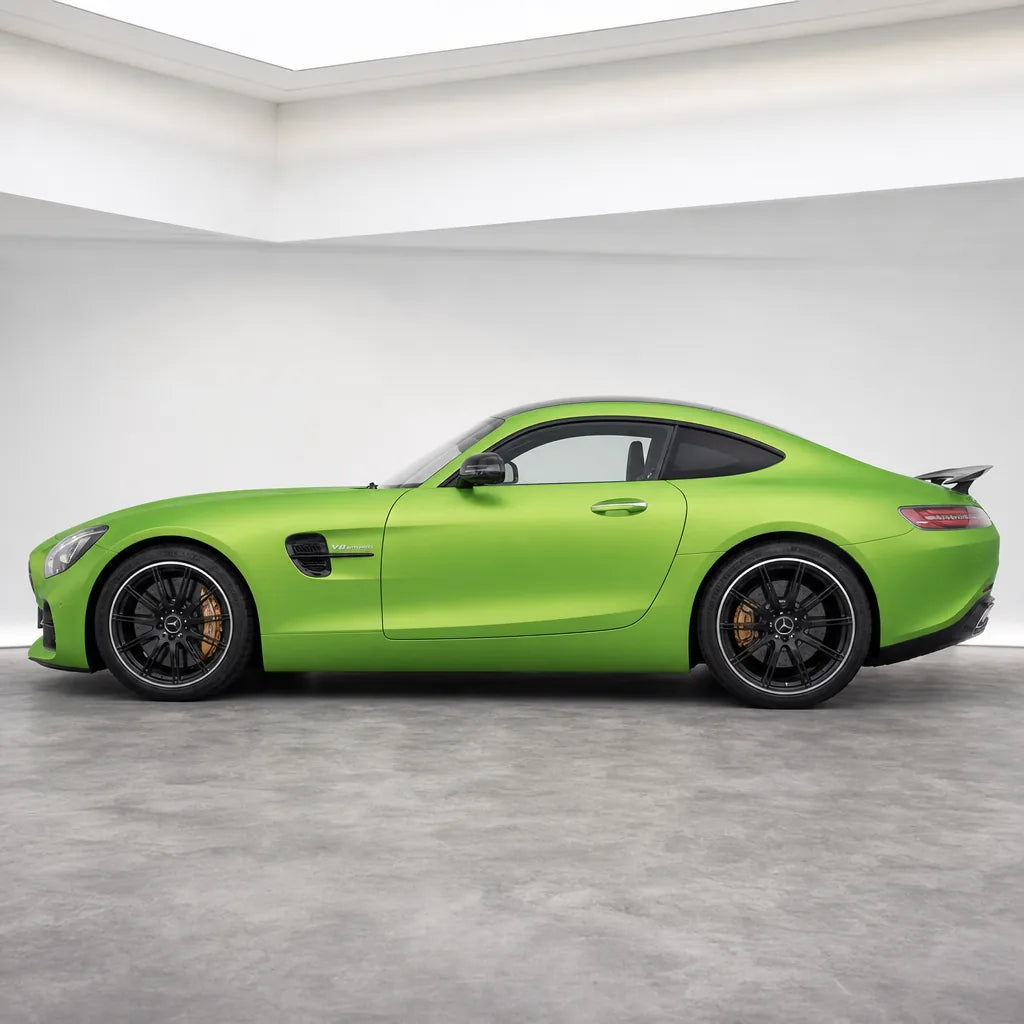 Metallic STO Gold Green matte colored PPF wrapped on a Mercedes-AMG GT side profile | Veloro
