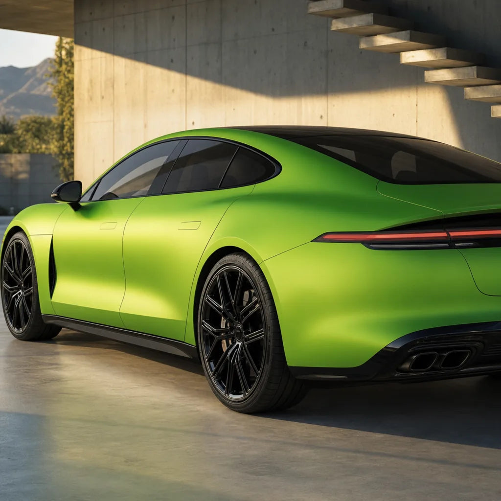 Luxury car wrapped in Metallic STO Gold Green matte colored PPF at golden hour | Veloro