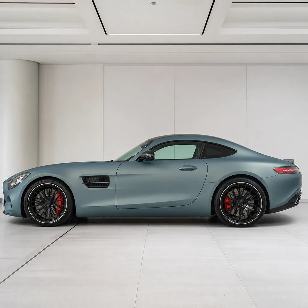 Metallic Titanium matte colored PPF wrapped on a Mercedes-AMG GT side profile | Veloro