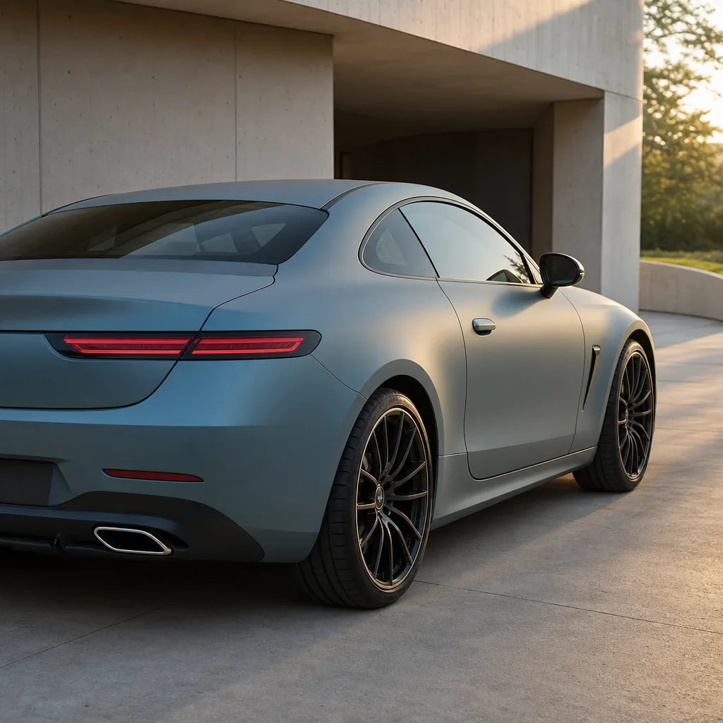 Luxury car wrapped in Metallic Titanium matte colored PPF at golden hour | Veloro