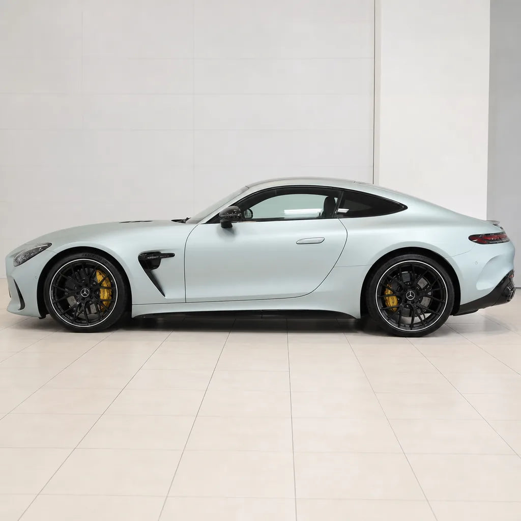 Metallic Titanium Silver matte colored PPF wrapped on a Mercedes-AMG GT side profile | Veloro