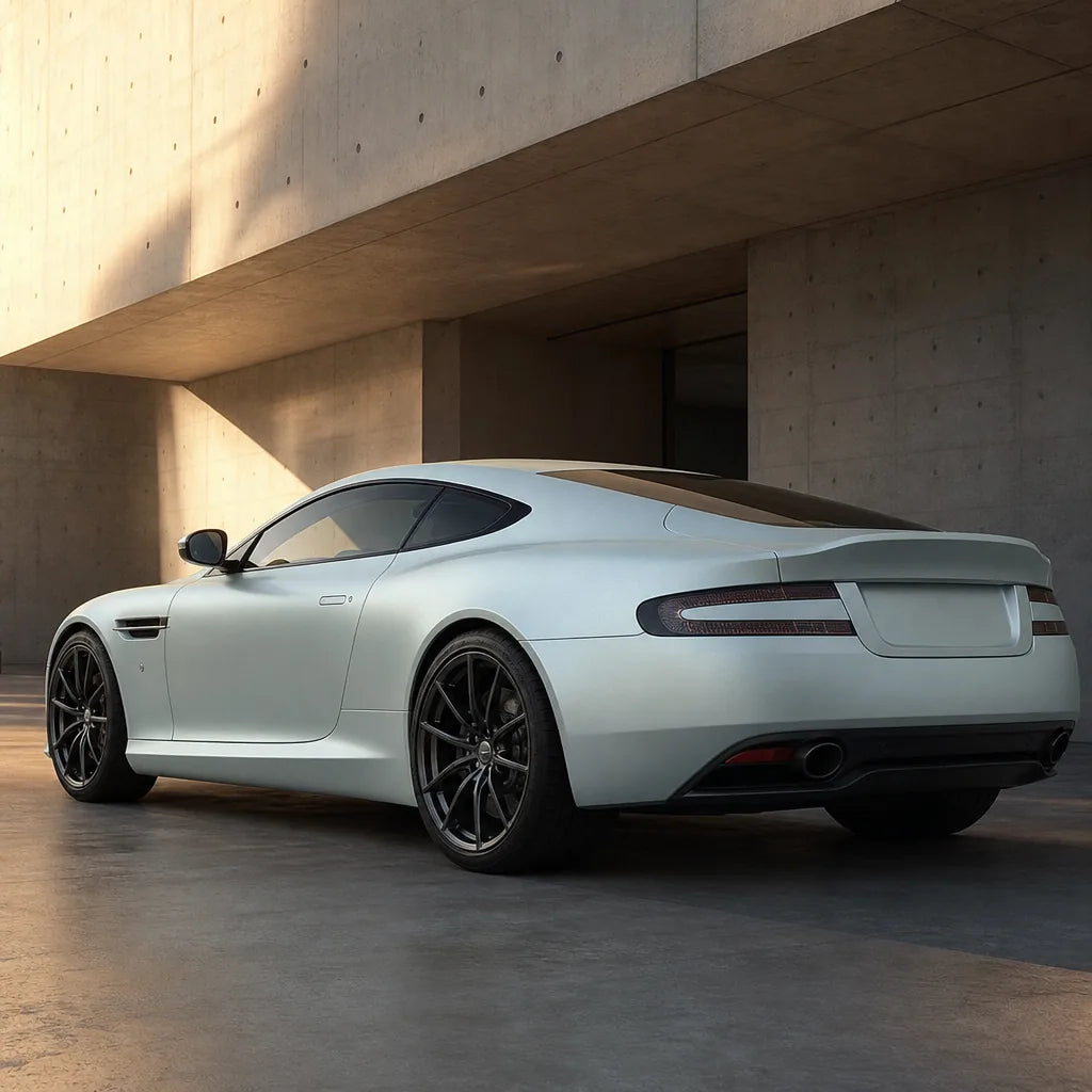 Luxury car wrapped in Metallic Titanium Silver matte colored PPF at golden hour | Veloro
