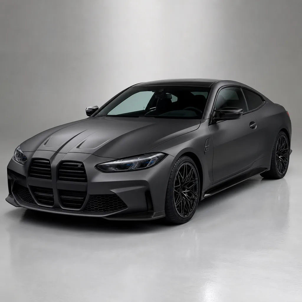Metallic Tungsten Grey matte colored PPF wrapped on a BMW M4 | Veloro