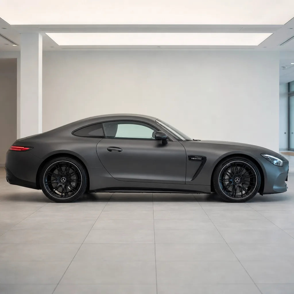 Metallic Tungsten Grey matte colored PPF wrapped on a Mercedes-AMG GT side profile | Veloro