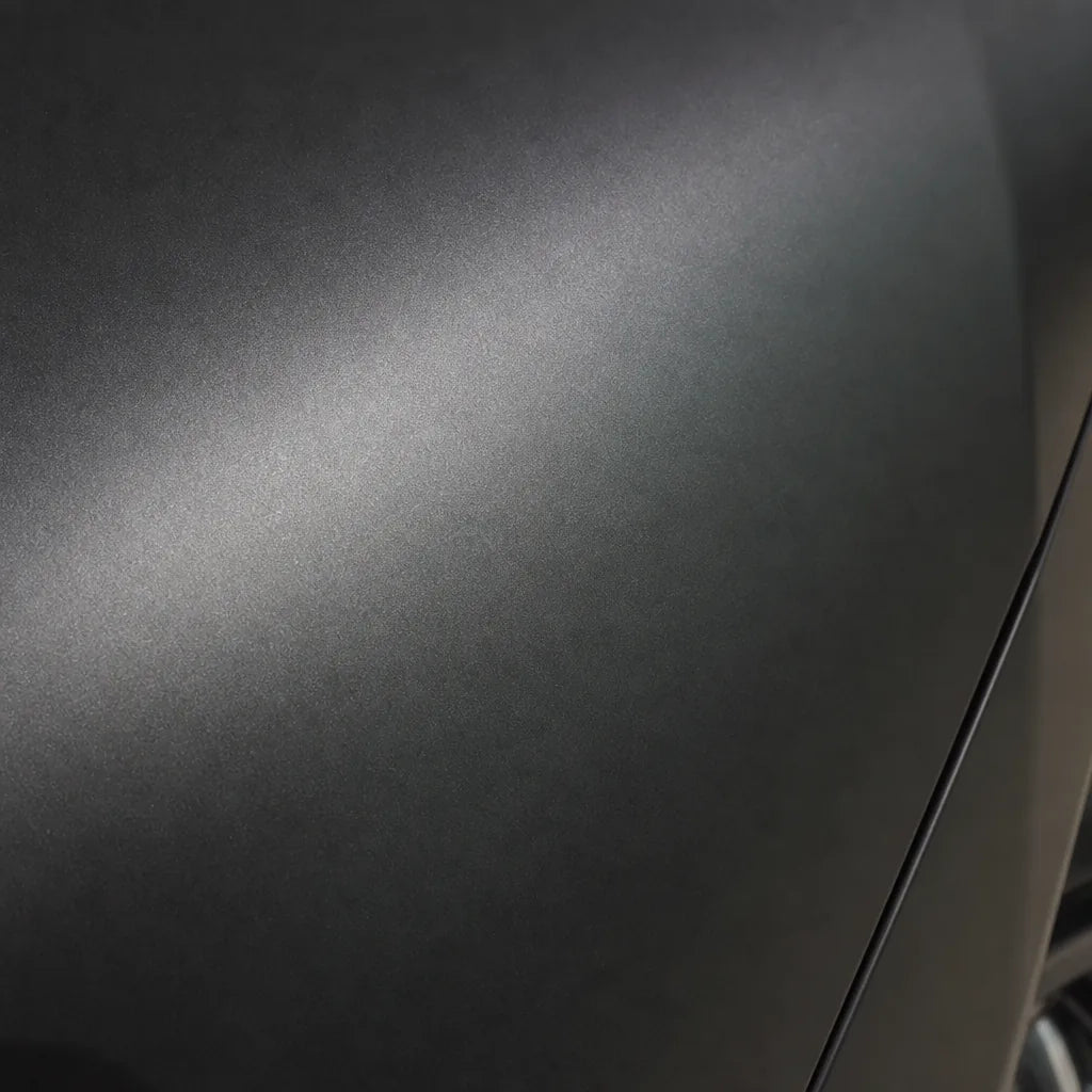 Close-up of Metallic Tungsten Grey matte colored PPF surface texture | Veloro