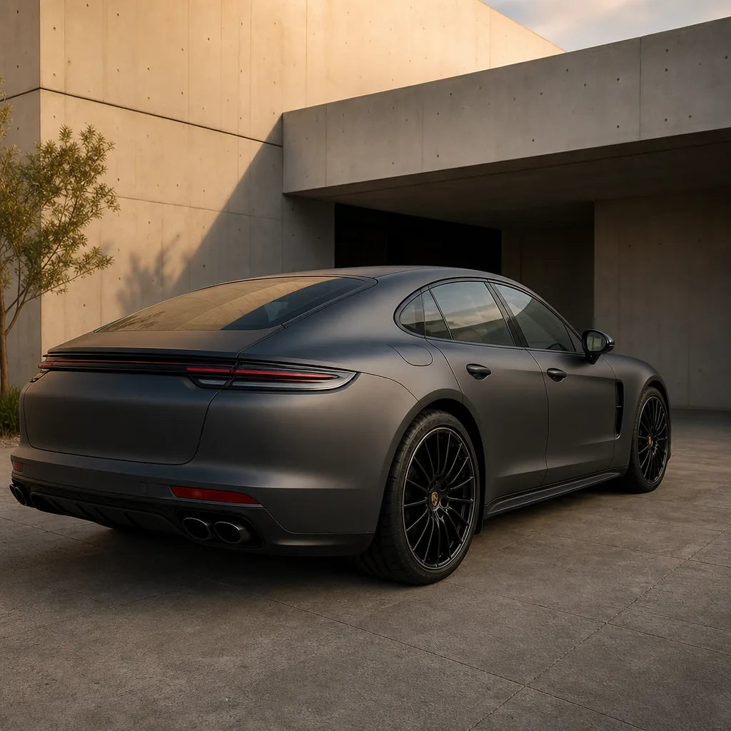 Luxury car wrapped in Metallic Tungsten Grey matte colored PPF at golden hour | Veloro