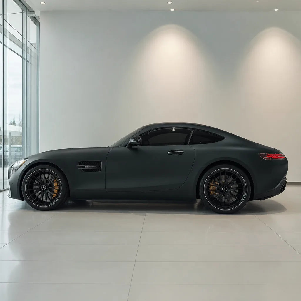 Midnight Black matte colored PPF wrapped on a Mercedes-AMG GT side profile | Veloro