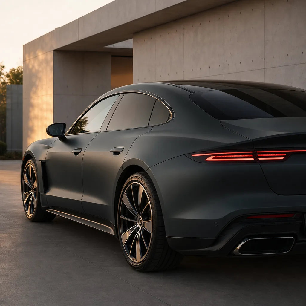 Luxury car wrapped in Midnight Black matte colored PPF at golden hour | Veloro
