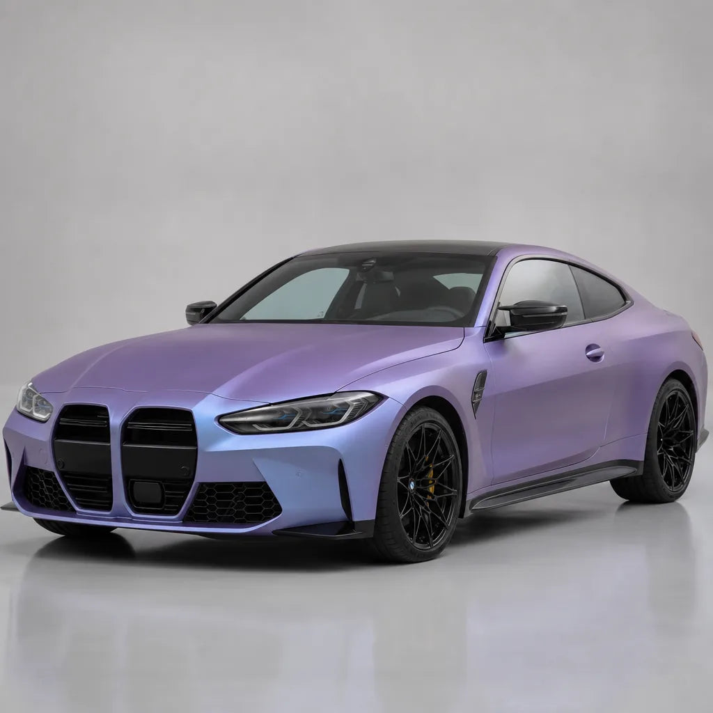 Purple Mist Silver matte colored PPF wrapped on a BMW M4 | Veloro