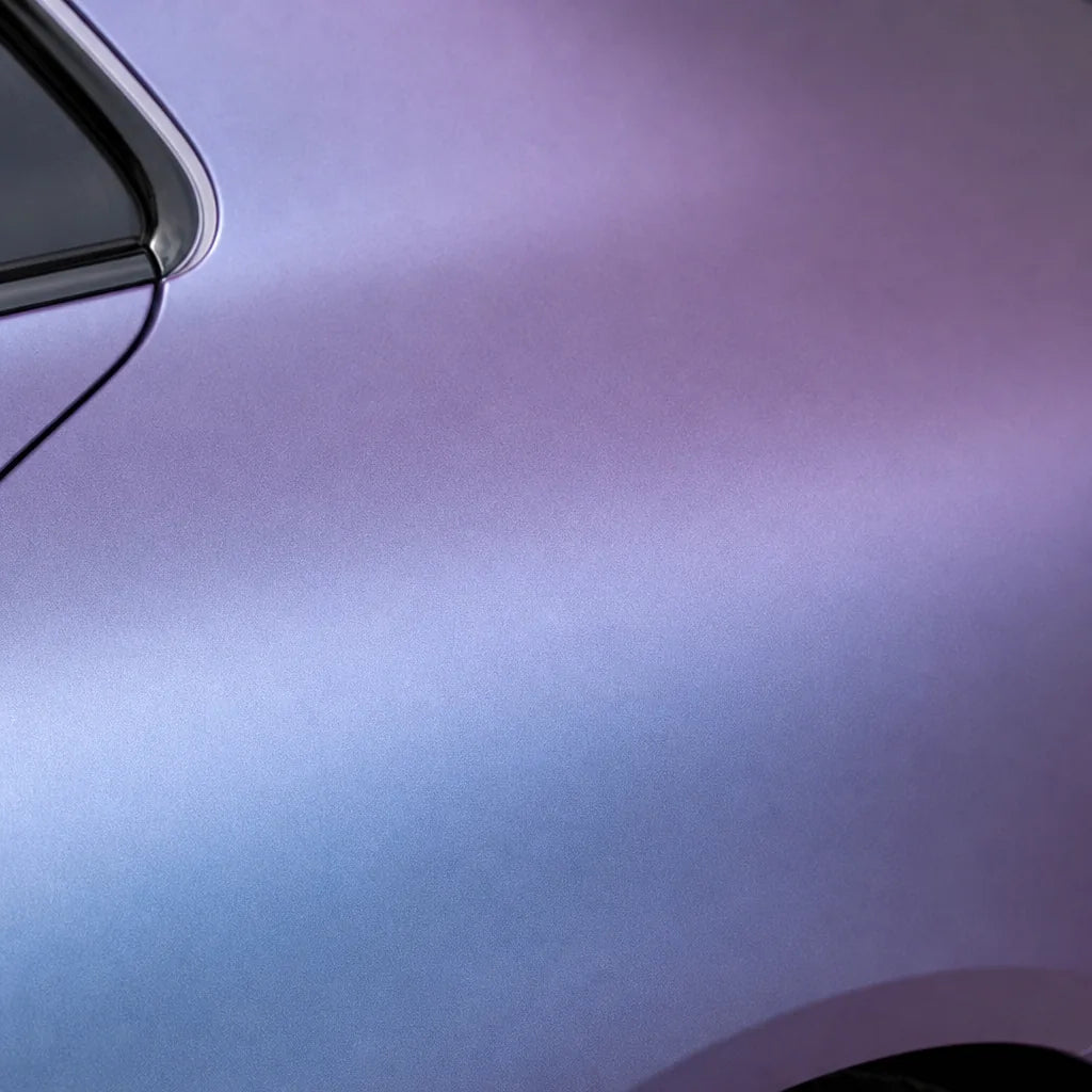 Close-up of Purple Mist Silver matte colored PPF surface texture | Veloro
