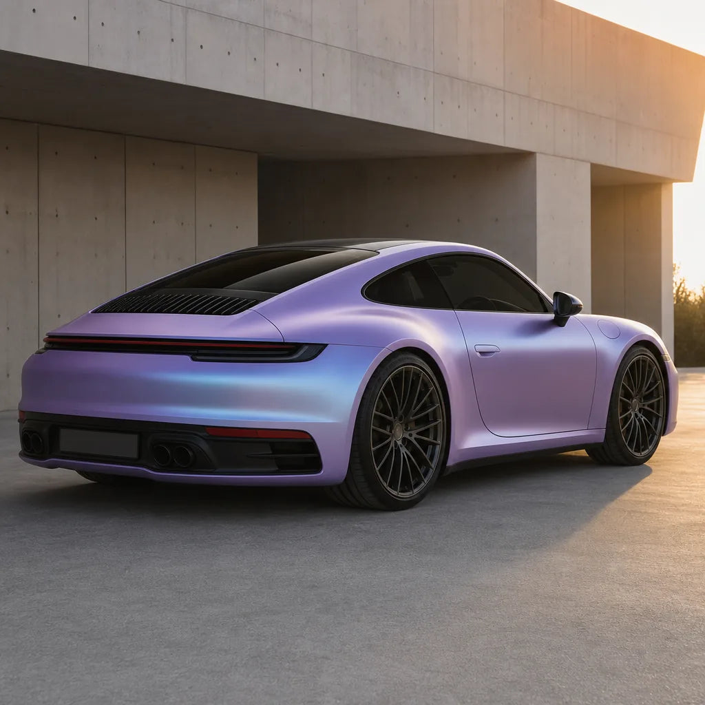 Luxury car wrapped in Purple Mist Silver matte colored PPF at golden hour | Veloro
