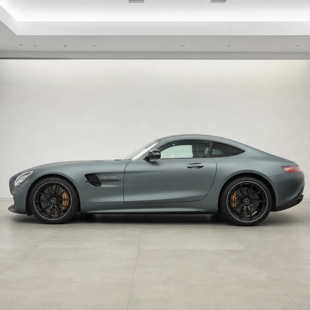 Rainbow Laser Light Grey matte colored PPF wrapped on a Mercedes-AMG GT side profile | Veloro