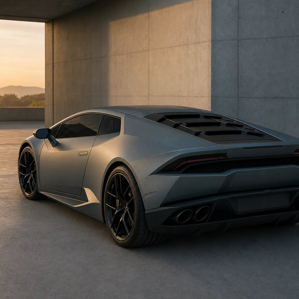 Luxury car wrapped in Rainbow Laser Light Grey matte colored PPF at golden hour | Veloro