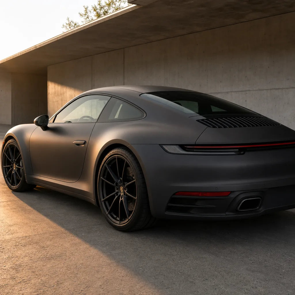 Luxury car wrapped in Rock Grey matte colored PPF at golden hour | Veloro