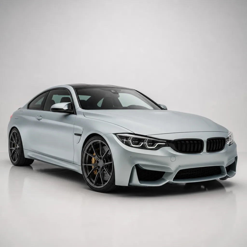 Satin Chrome Silver matte colored PPF wrapped on a BMW M4 | Veloro