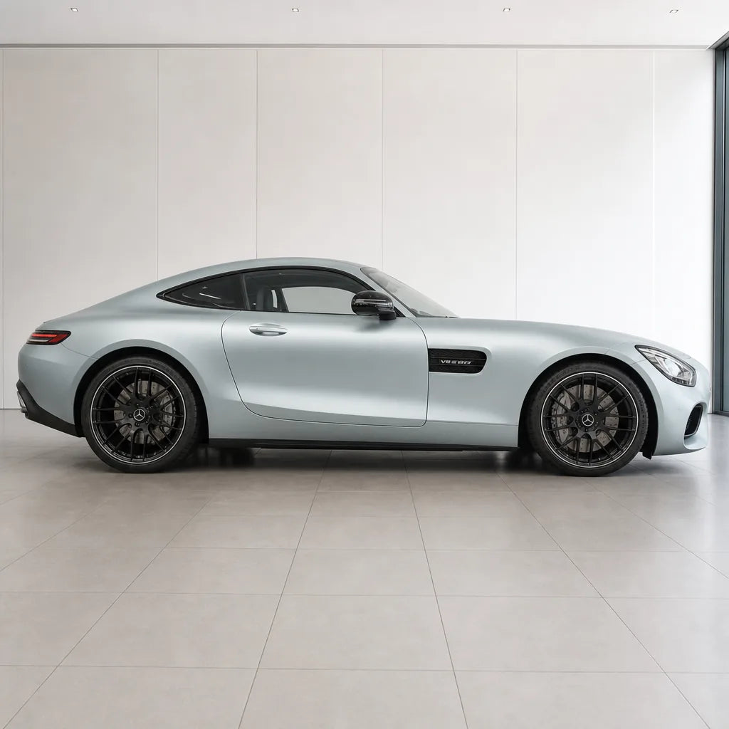 Satin Chrome Silver matte colored PPF wrapped on a Mercedes-AMG GT side profile | Veloro