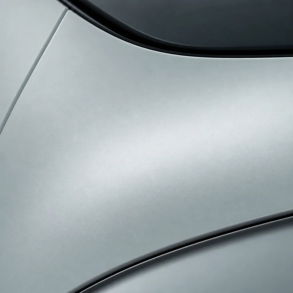 Close-up of Satin Chrome Silver matte colored PPF surface texture | Veloro