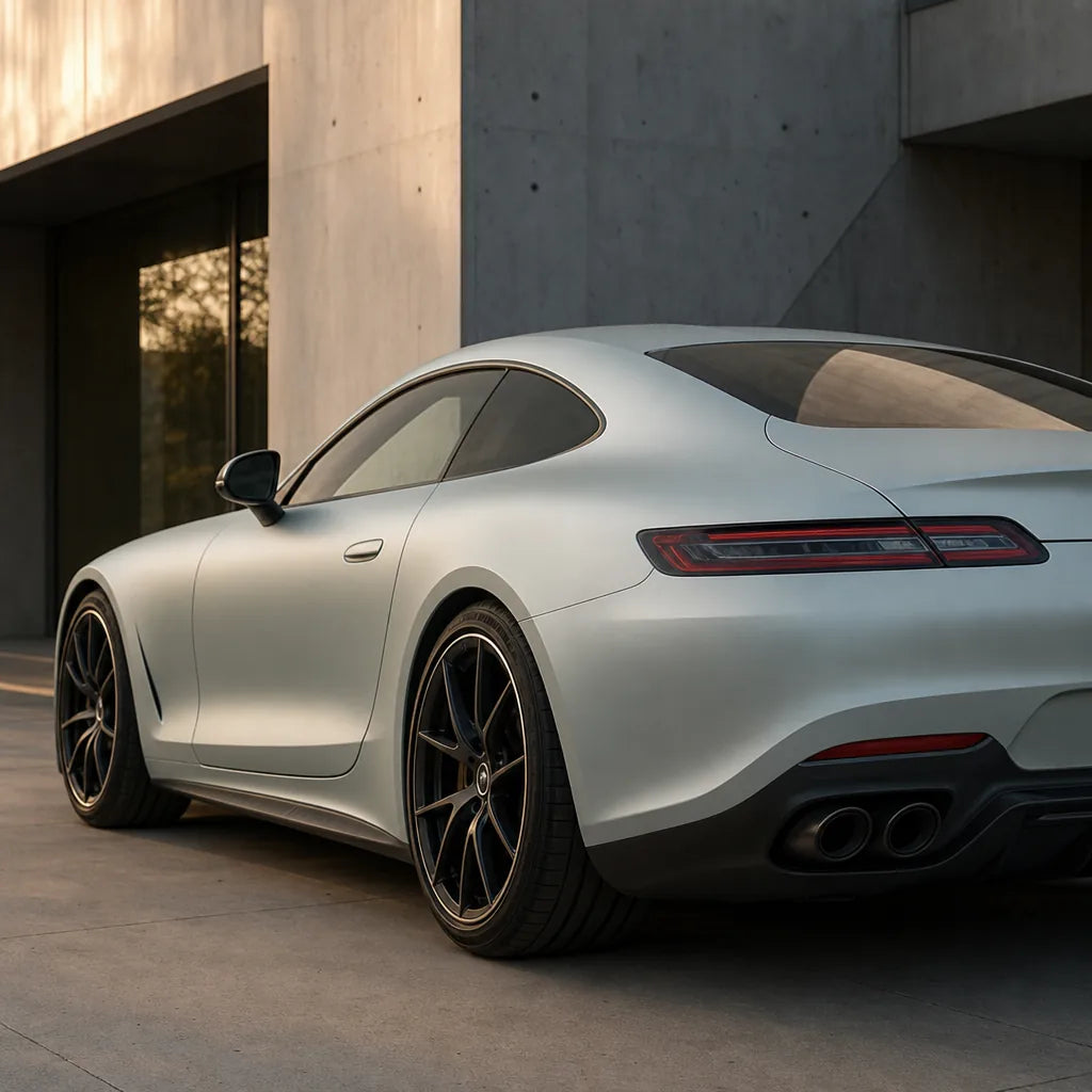 Luxury car wrapped in Satin Chrome Silver matte colored PPF at golden hour | Veloro