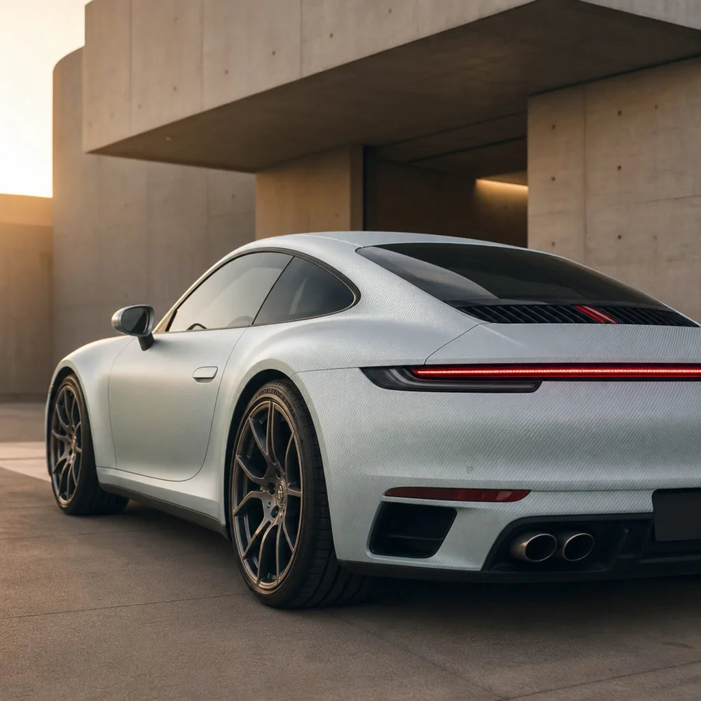 Luxury car wrapped in Silver Carbon Fiber matte colored PPF at golden hour | Veloro