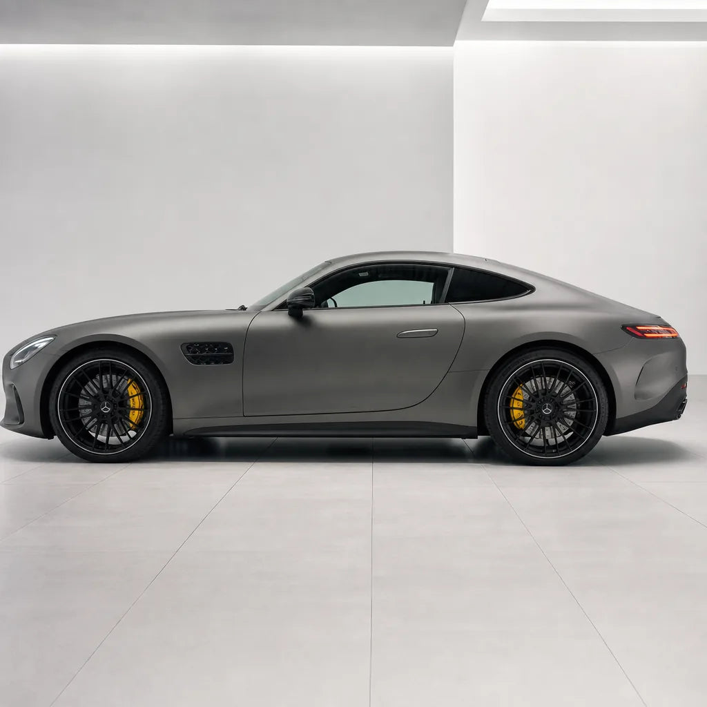 Ultimate Flat Meteorites Grey matte colored PPF wrapped on a Mercedes-AMG GT side profile | Veloro