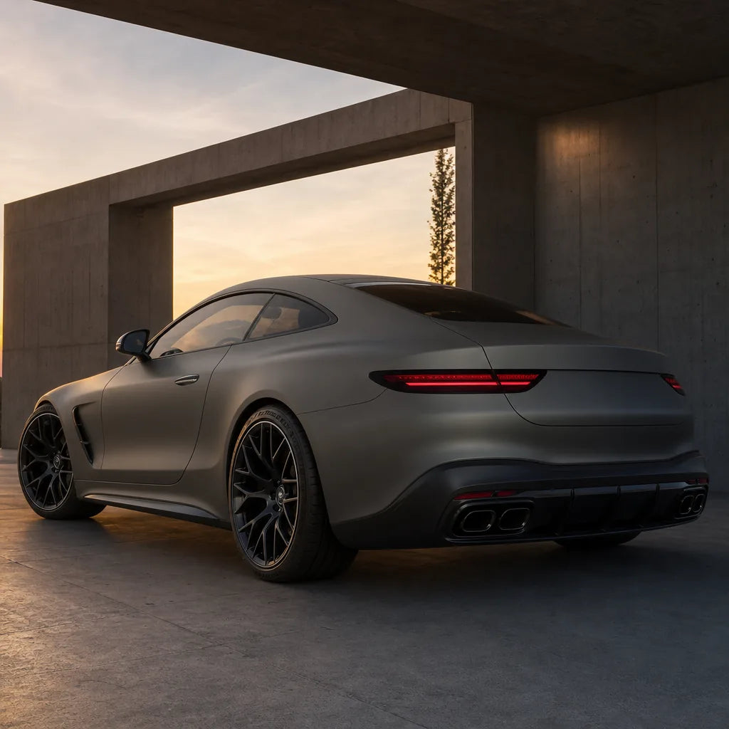 Luxury car wrapped in Ultimate Flat Meteorites Grey matte colored PPF at golden hour | Veloro