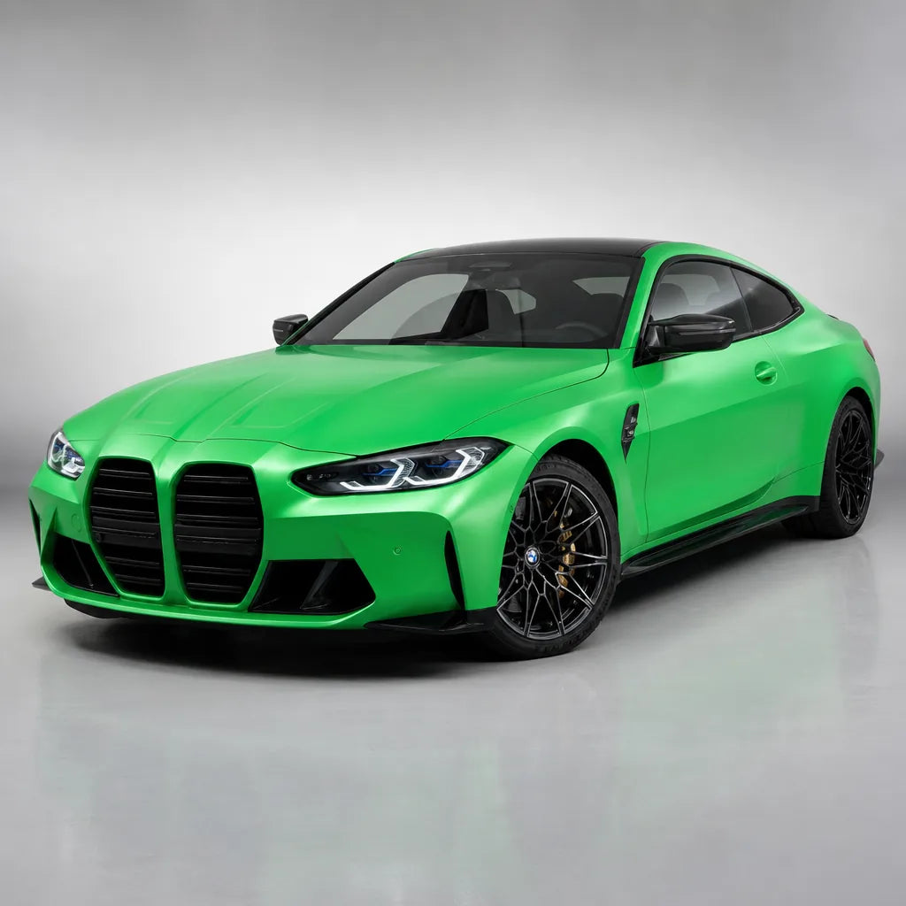 Metallic Flame Green satin colored PPF wrapped on a BMW M4 | Veloro