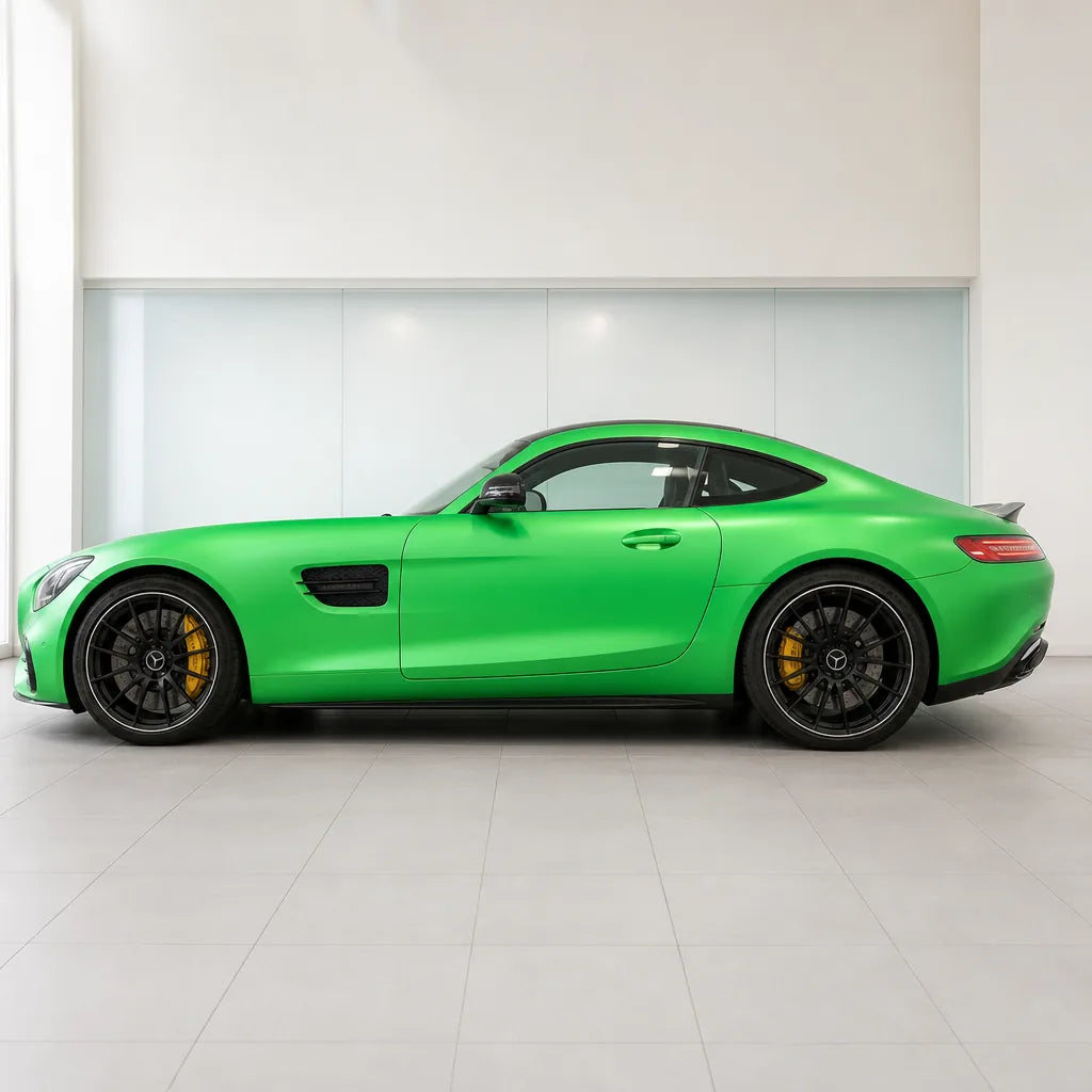 Metallic Flame Green satin colored PPF wrapped on a Mercedes-AMG GT side profile | Veloro
