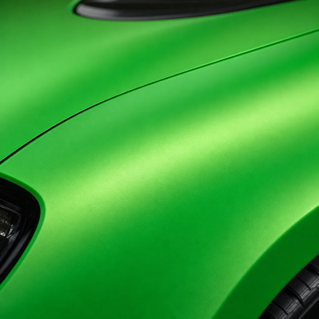 Close-up of Metallic Flame Green satin colored PPF surface texture | Veloro