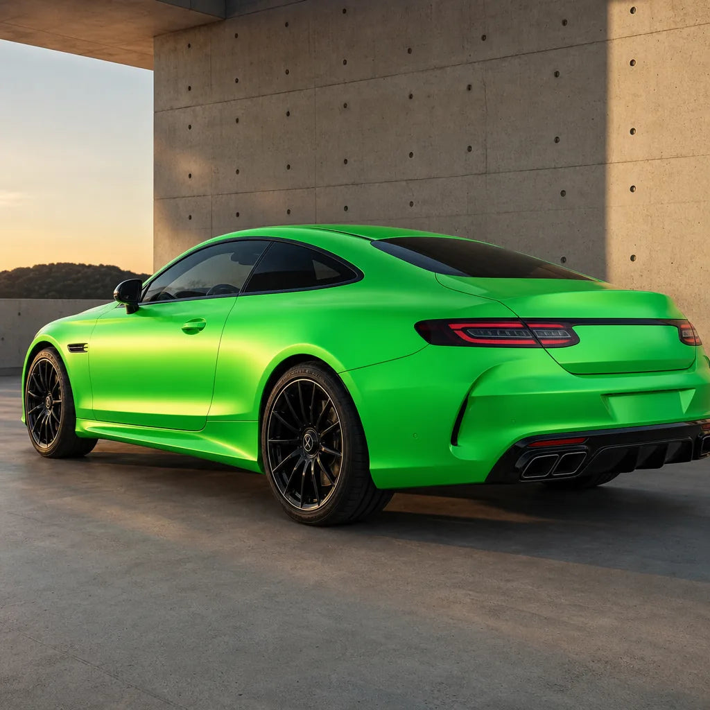 Luxury car wrapped in Metallic Flame Green satin colored PPF at golden hour | Veloro