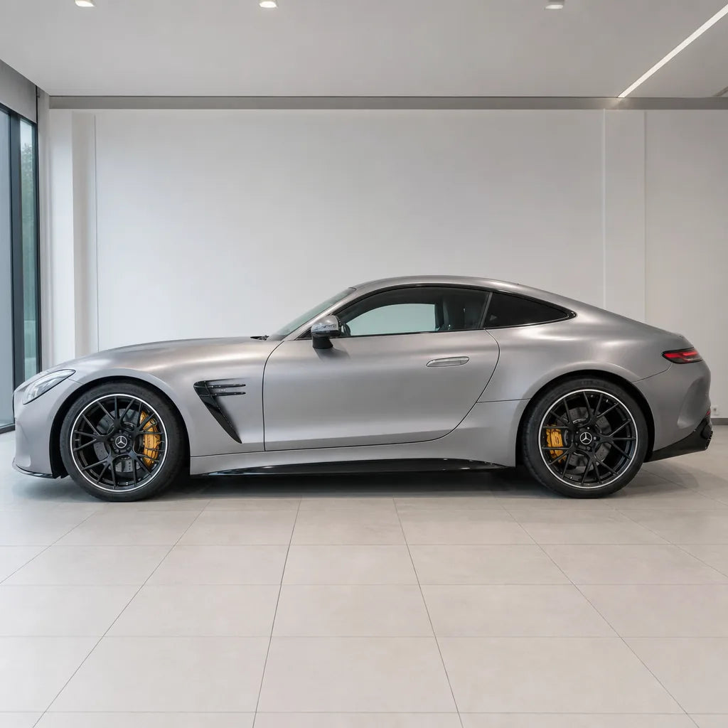Aluminum Silver satin colored PPF wrapped on a Mercedes-AMG GT side profile | Veloro