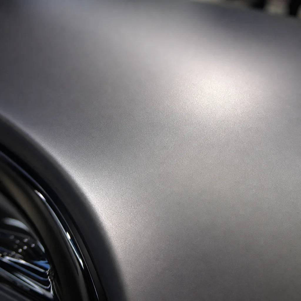 Close-up of Aluminum Silver satin colored PPF surface texture | Veloro