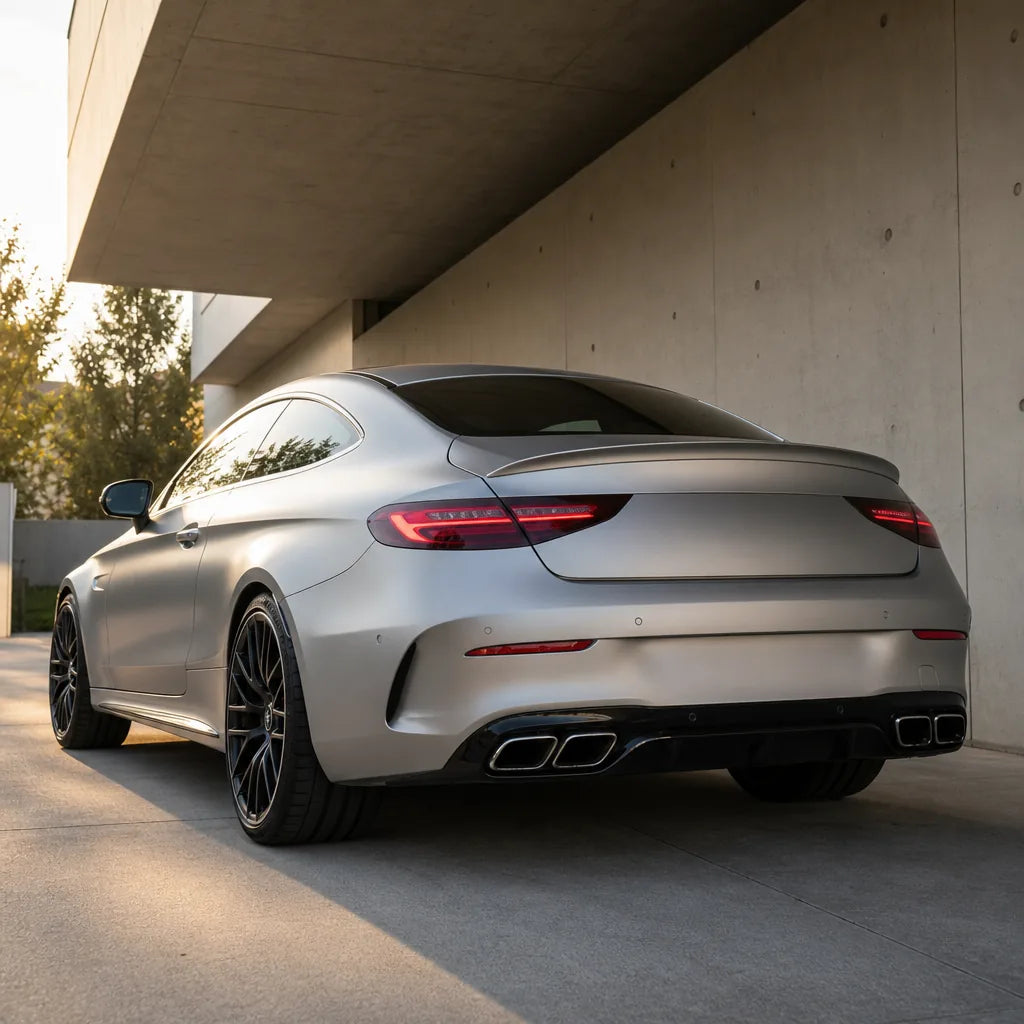 Luxury car wrapped in Aluminum Silver satin colored PPF at golden hour | Veloro