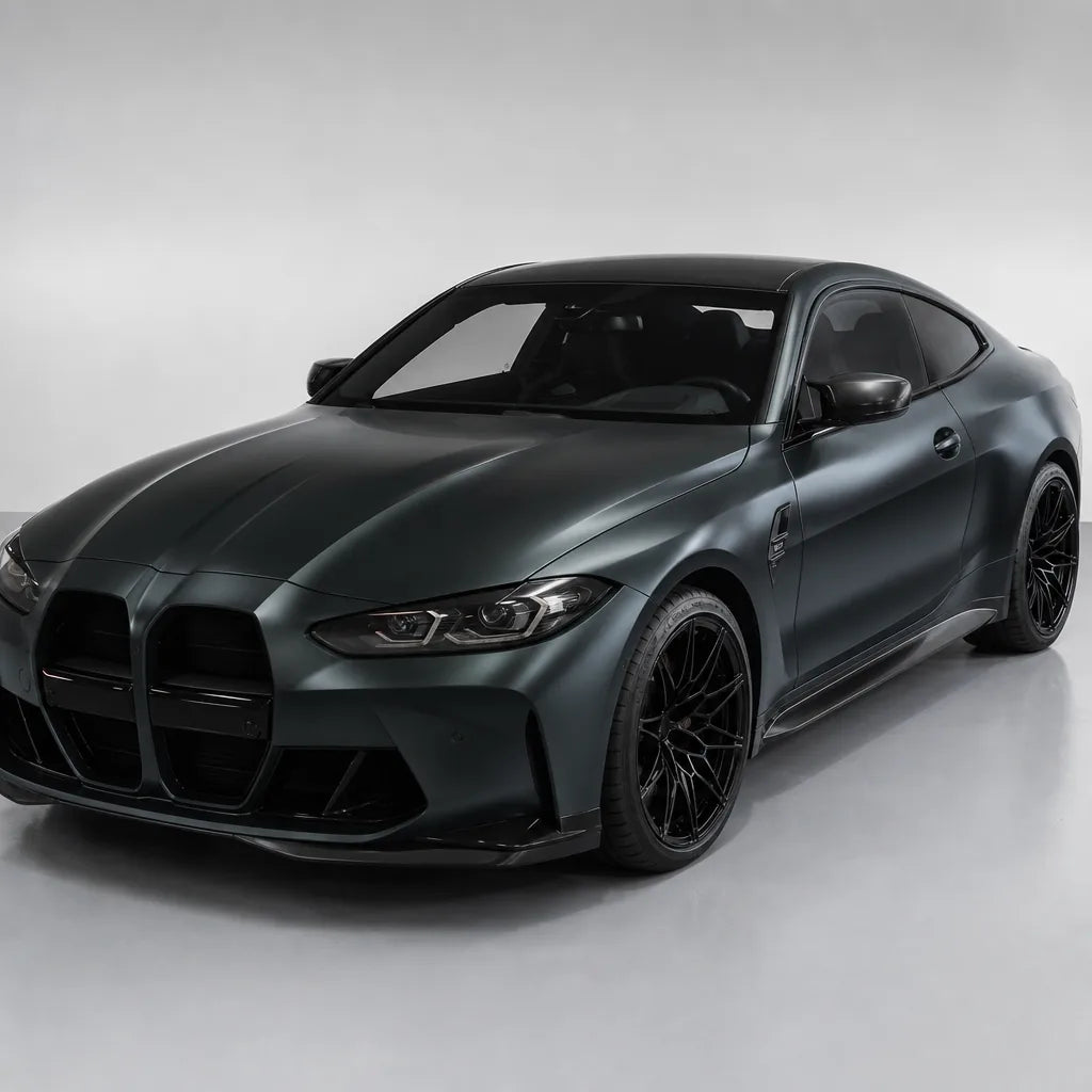 Black satin colored PPF wrapped on a BMW M4 | Veloro