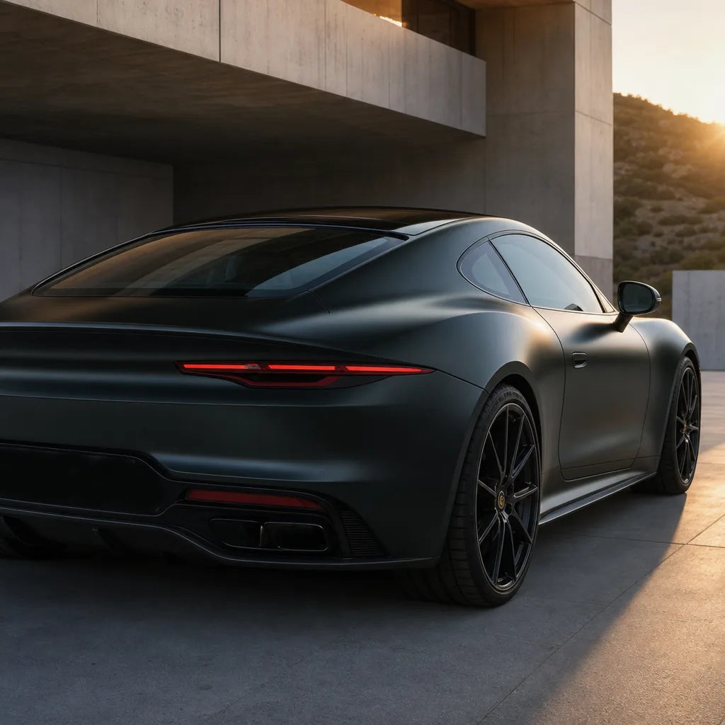 Luxury car wrapped in Black satin colored PPF at golden hour | Veloro