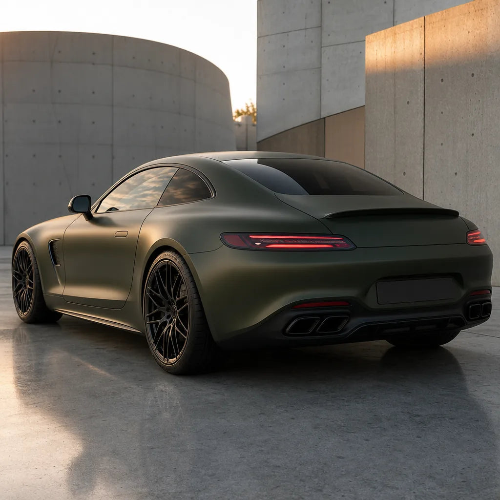 Luxury car wrapped in Ceramics Military Green satin colored PPF at golden hour | Veloro