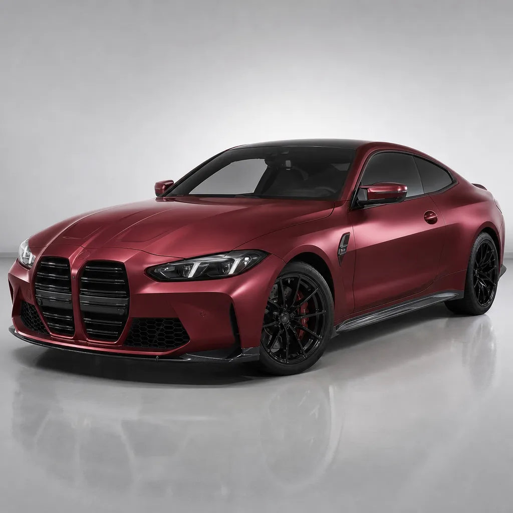 Chrome Romani Red satin colored PPF wrapped on a BMW M4 | Veloro