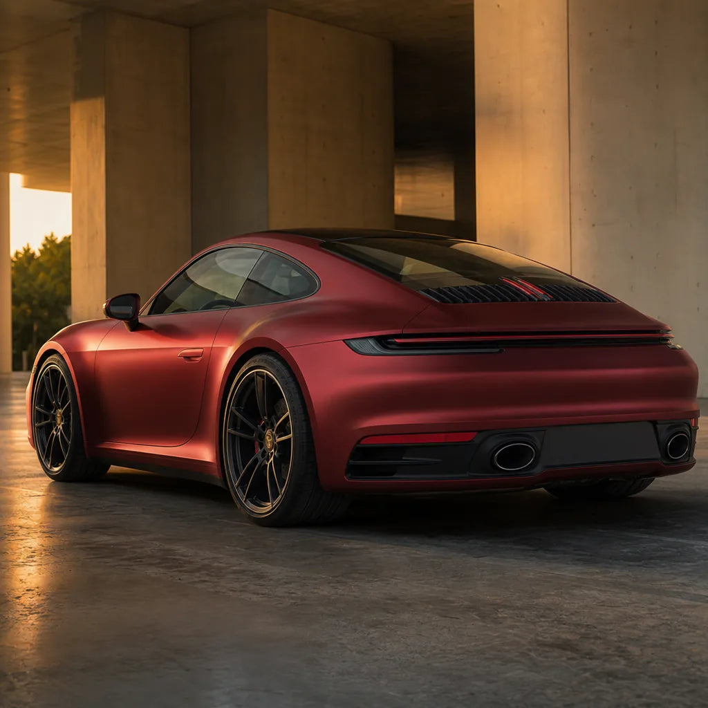 Luxury car wrapped in Chrome Romani Red satin colored PPF at golden hour | Veloro