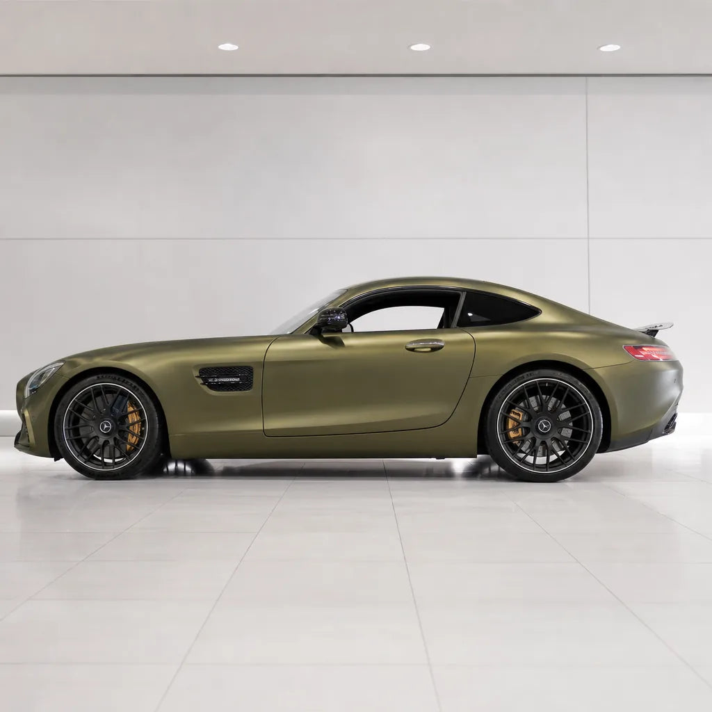 Gold Green satin colored PPF wrapped on a Mercedes-AMG GT side profile | Veloro