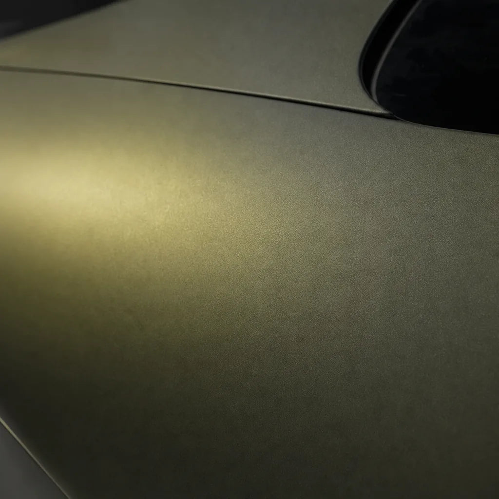 Close-up of Gold Green satin colored PPF surface texture | Veloro
