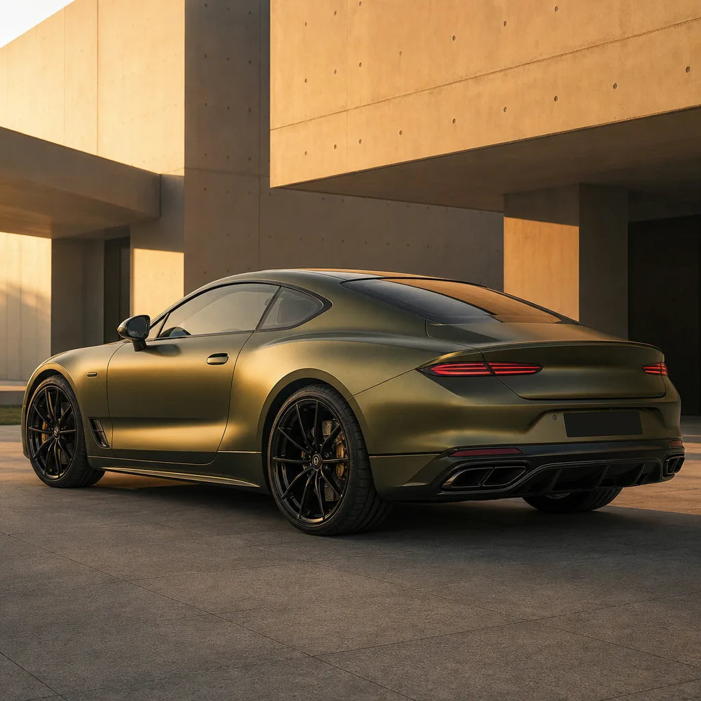 Luxury car wrapped in Gold Green satin colored PPF at golden hour | Veloro