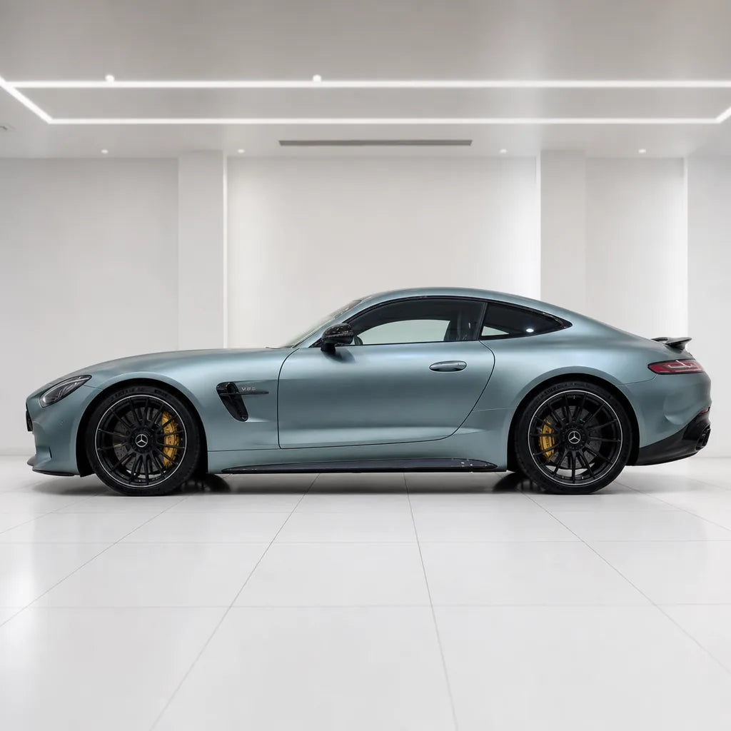 Grey Blue satin colored PPF wrapped on a Mercedes-AMG GT side profile | Veloro