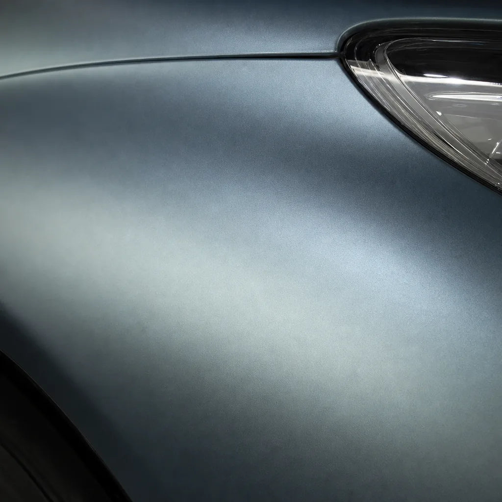 Close-up of Grey Blue satin colored PPF surface texture | Veloro