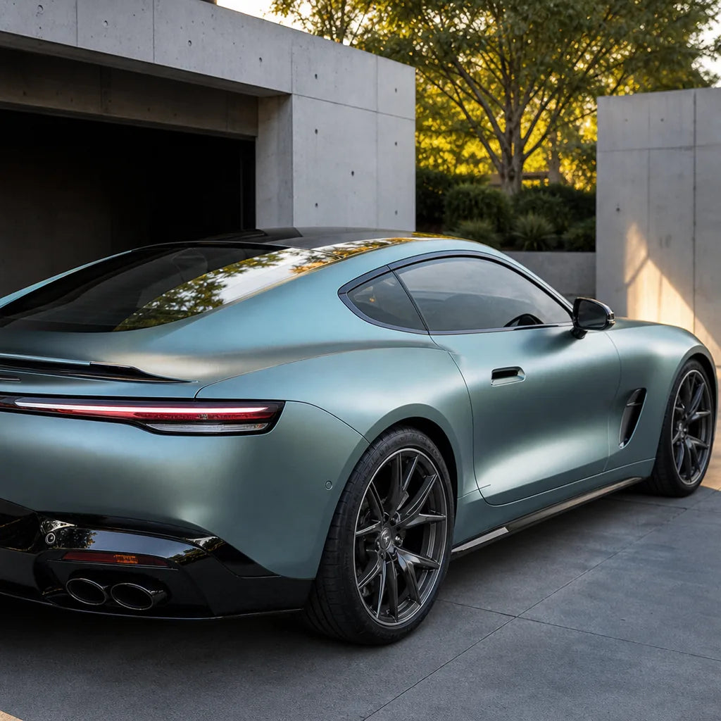 Luxury car wrapped in Grey Blue satin colored PPF at golden hour | Veloro